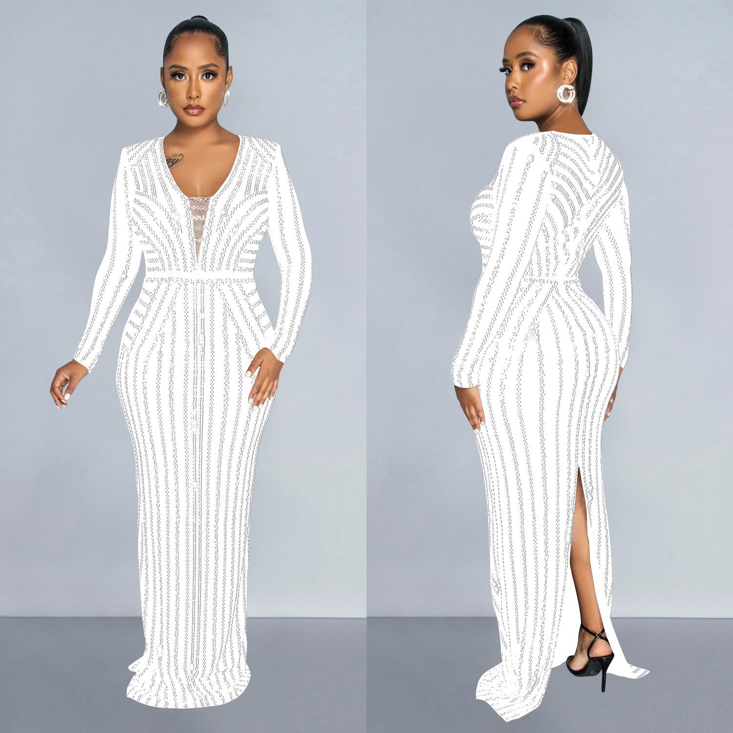 Fashion Women's Solid Color Beaded Long Sleeve Slit Maxi Dress 7