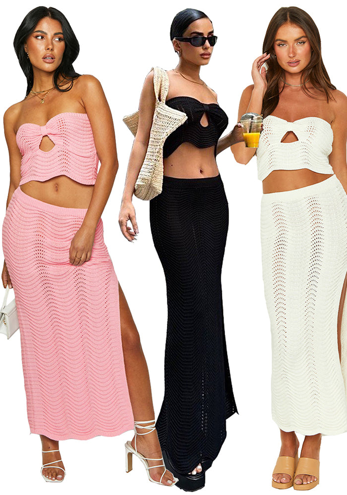 Women's Knitting Strapless crop top long Skirt two piece Set 5