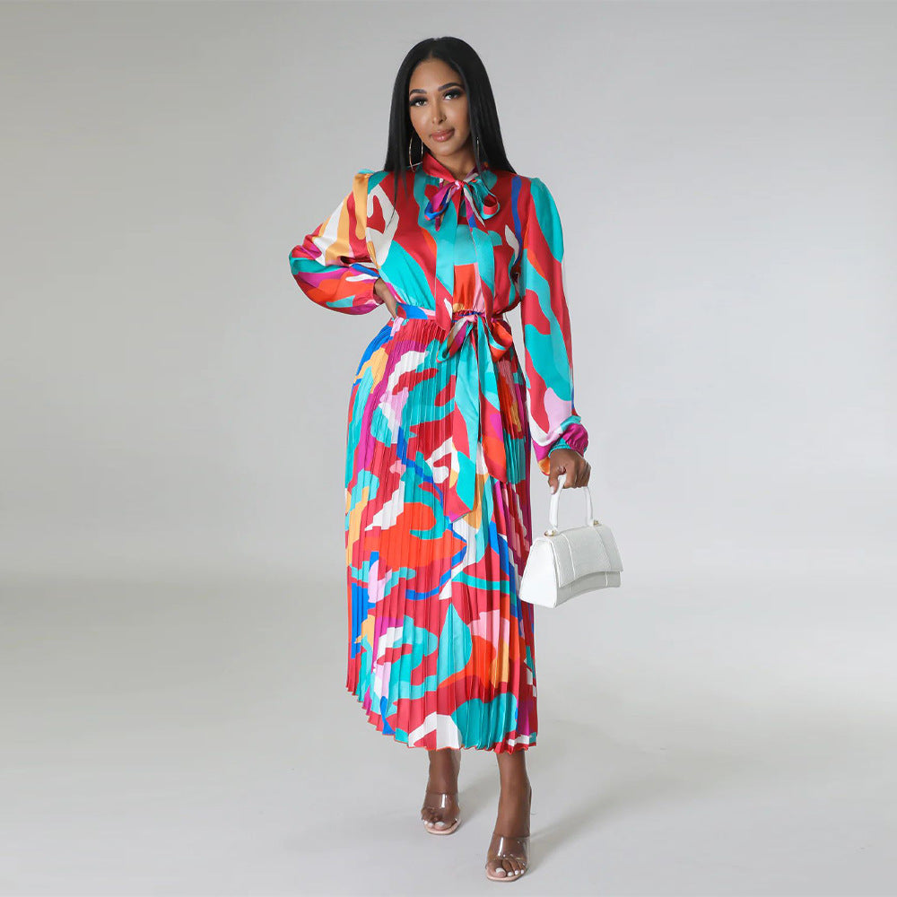 Women's Tie Long Sleeve Printed Pleated Dress 36