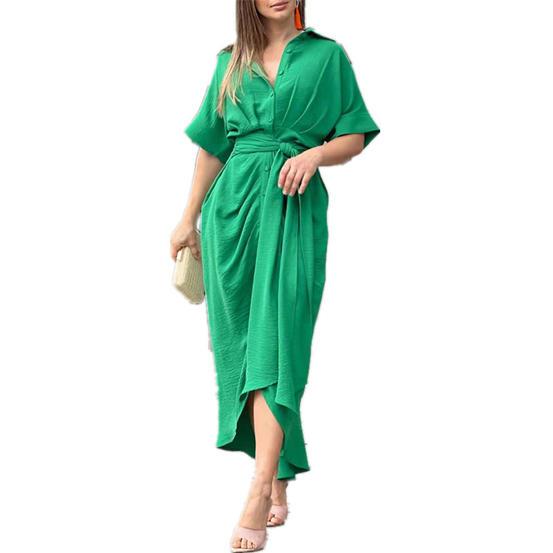 Women'S Fashion Turndown Collar Maxi Short Sleeve Single Breasted High Waist Shirt Dress 5