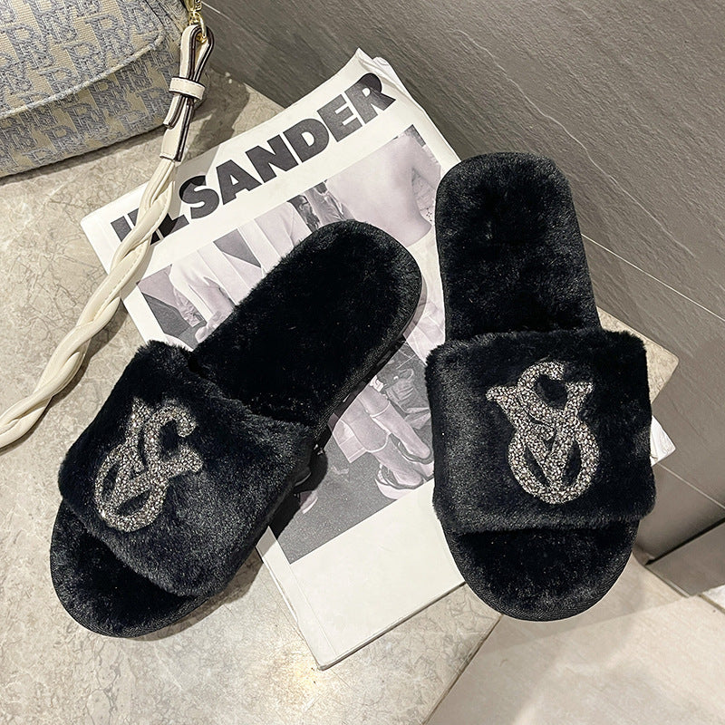 Women rhinestone furry diamond slippers