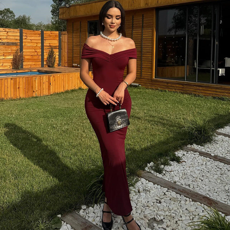 Women Fall Solid Sexy Off Shoulder Backless Off Shoulder Strapless Dress 7