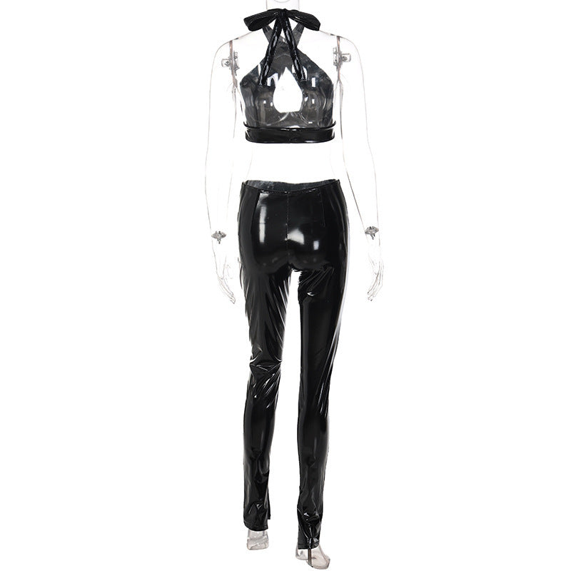 Women sexy hollow backless Pu Leather Top and Pant two-piece set 8