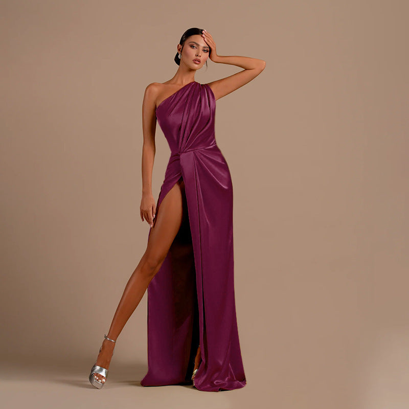 Women one-shoulder sexy slit satin dress dress 3