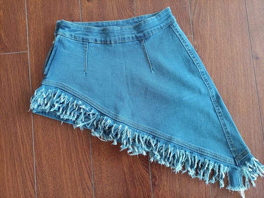 Women Denim Stretch Diagonal Apron Fringed Shorts 13