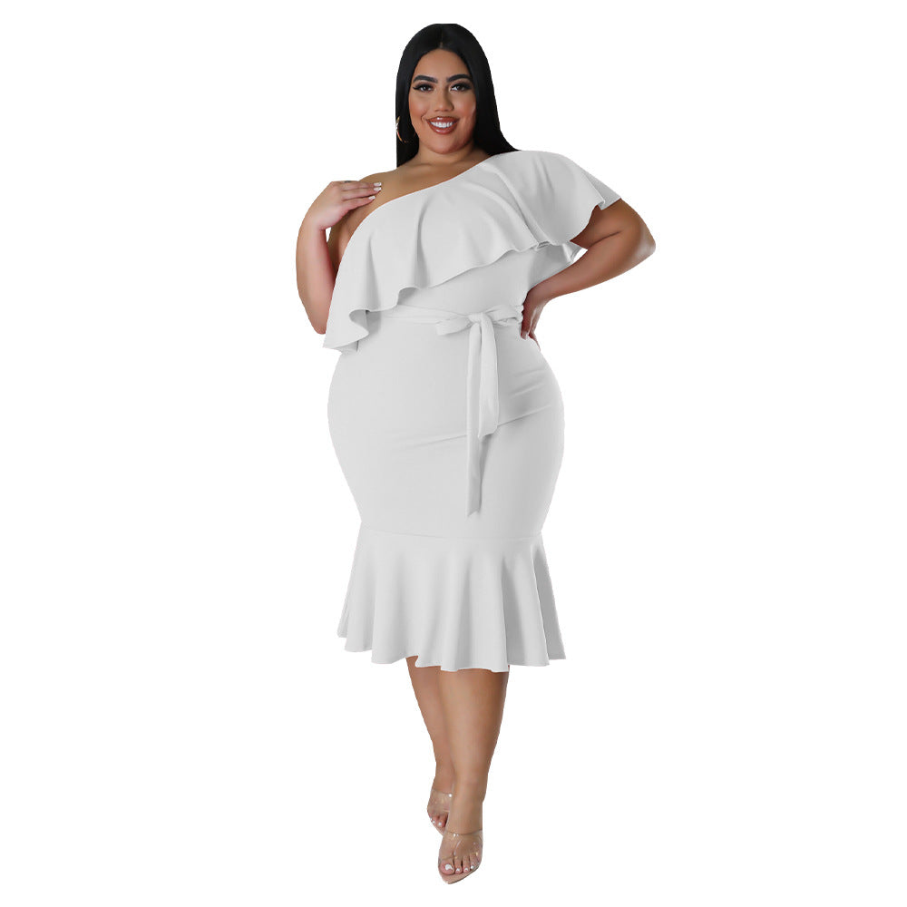 Plus Size Women'S Fashion Fit Casual Ruffle One Shoulder Midi Dress 9