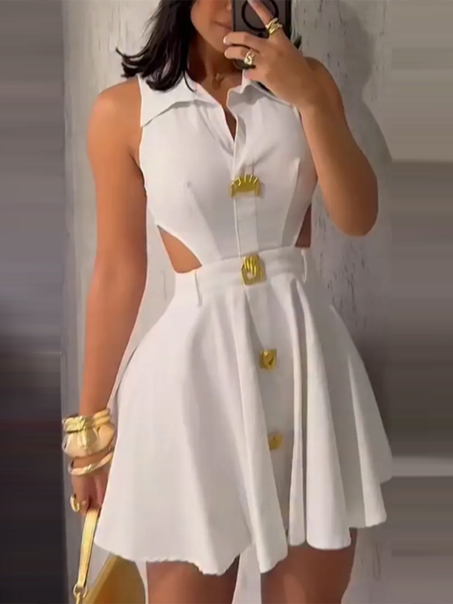 Women Summer French Polo Neck Sleeveless Dress 3