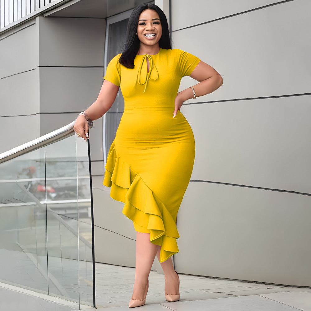 fashion Plus Size women's sexy Casual tie neck ruffle bodycon dress 5