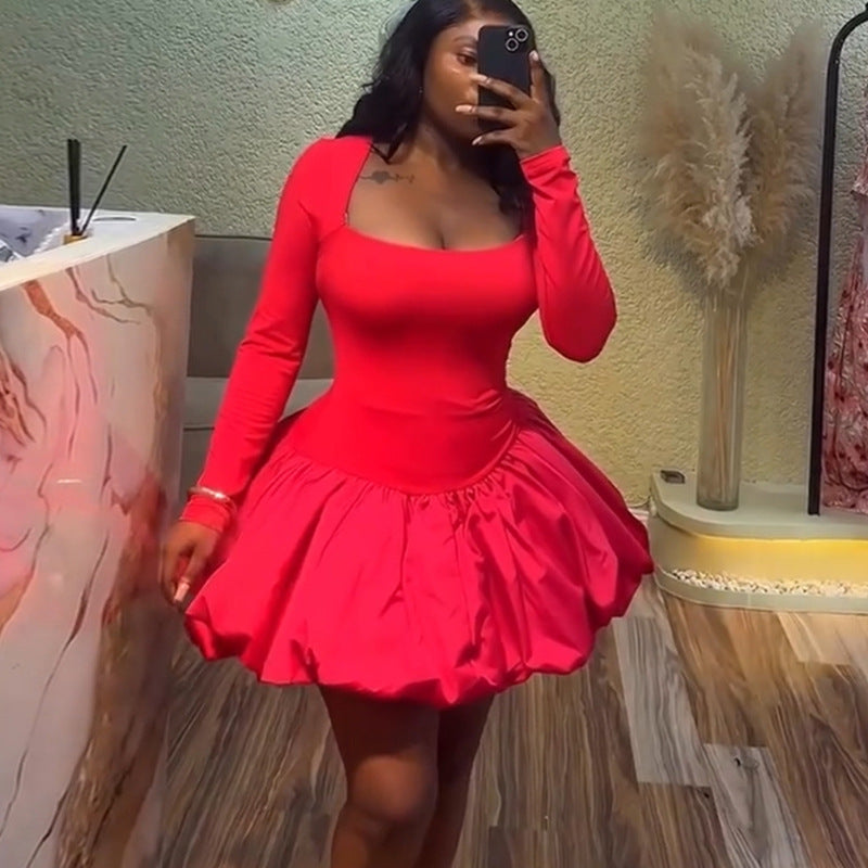 Women summer square neck solid long-sleeved flower bud dress 3