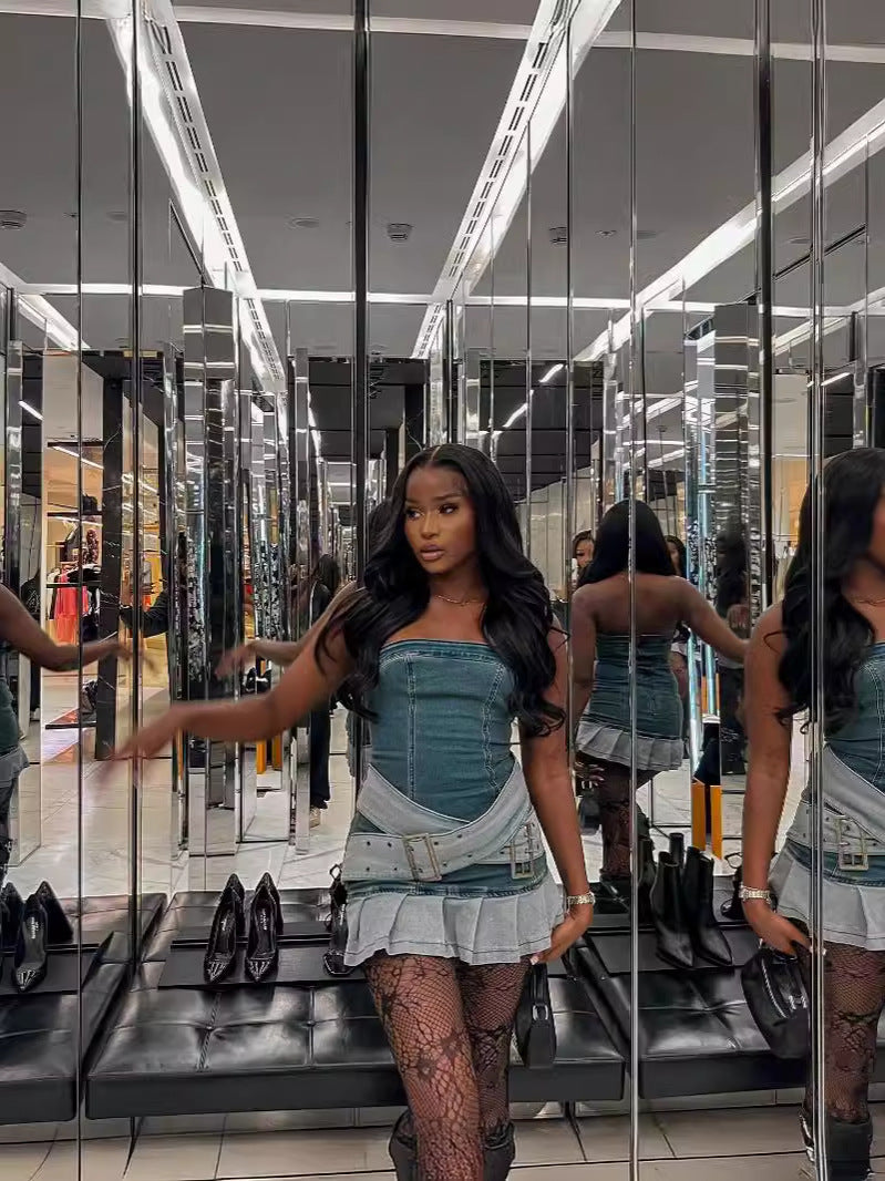 Women Strapless Pleated Stretch Denim Skirt