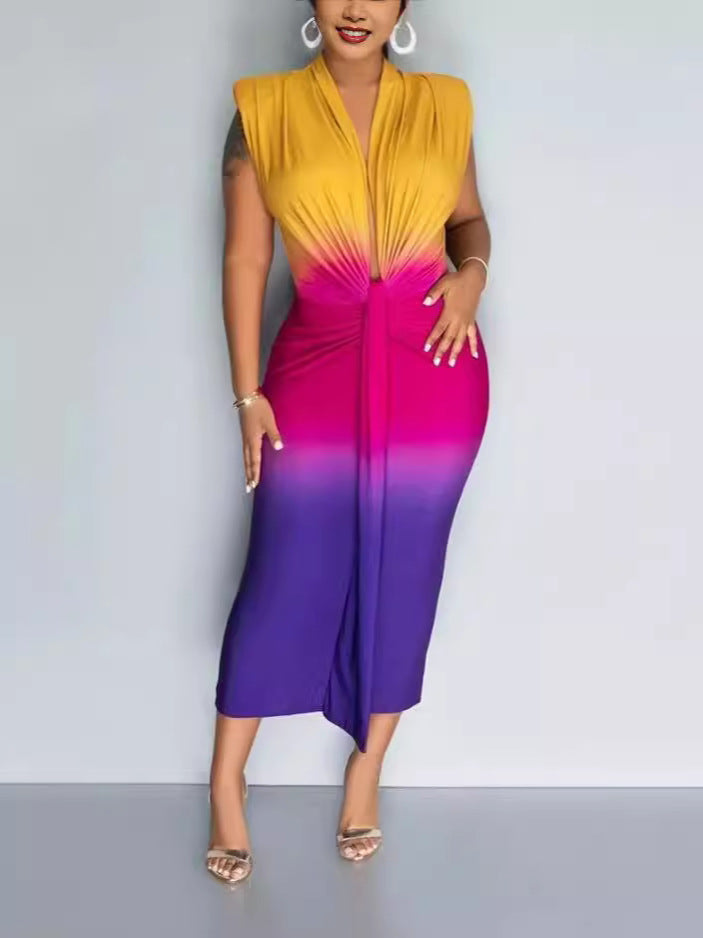 Spring Summer Gradient Print Sleeveless Deep V Neck Long Tight Fitting Bodycon Dress 5