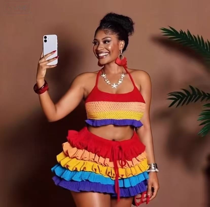 Women Multi-Color Striped Knitting Halter Neck Top and Ruffle Shorts Two-Piece Set 4