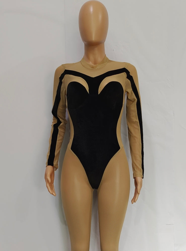 Women Summer Black Velvet and Mesh Patch Long Sleeve Sexy Jumpsuit 3