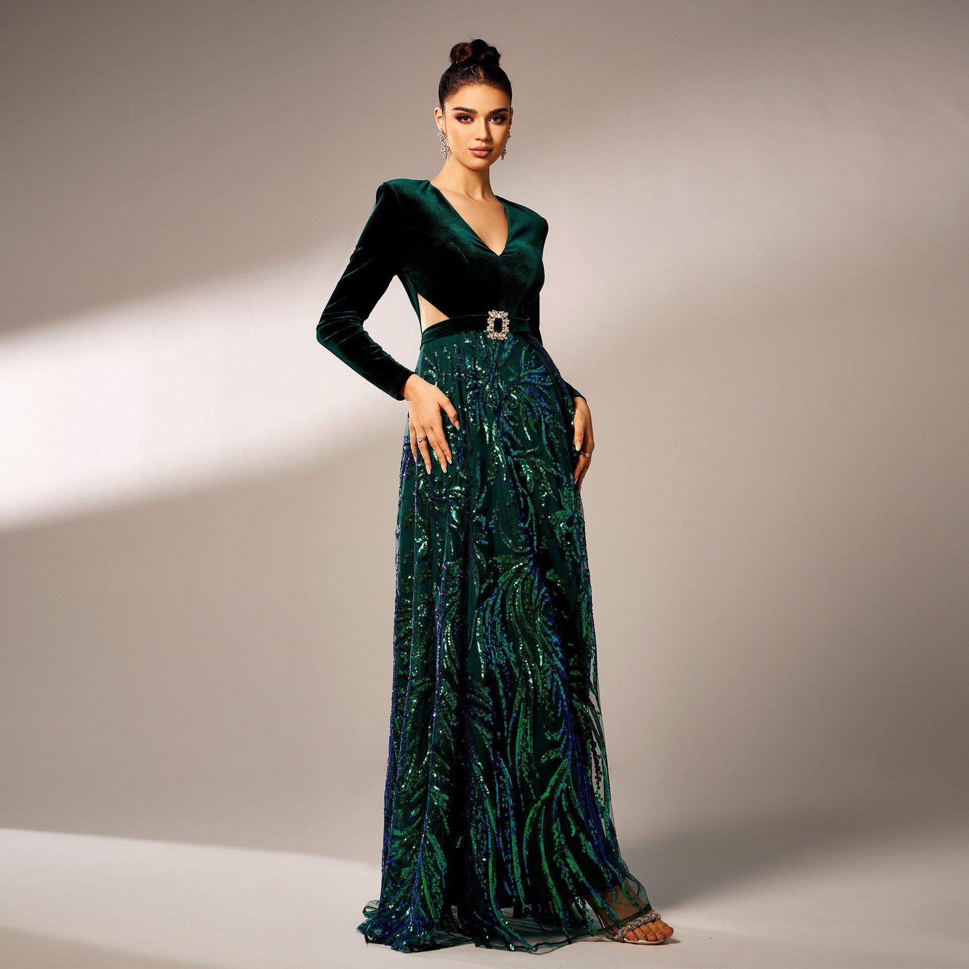 Luxury Long Sleeve V-Neck Formal Party Sequin Slit Evening Dress Women Bridesmaid Gown