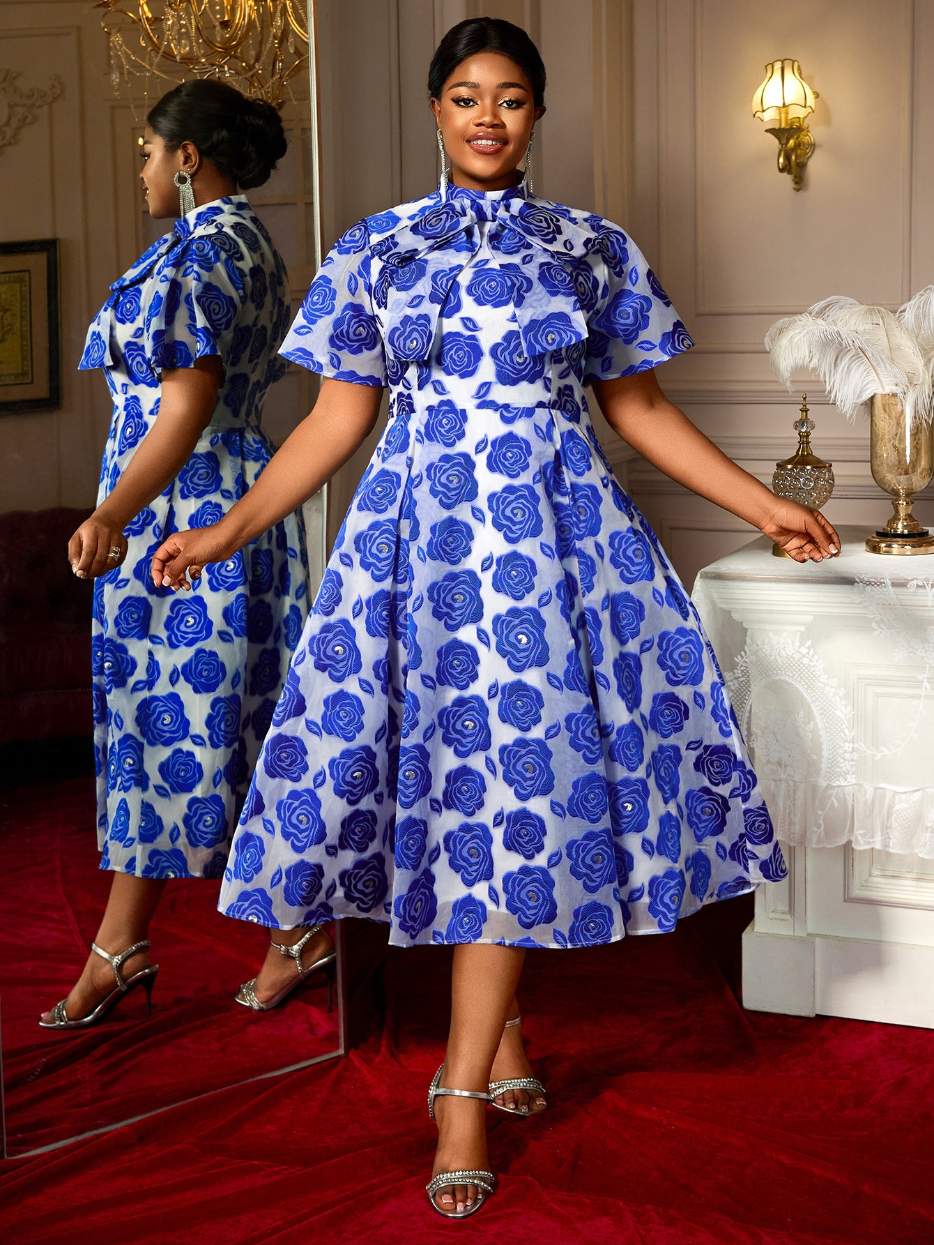 Semi-High Neck Lace-Up Bow Tie Collar A-Line Elegant Short Sleeve Party Dress 7