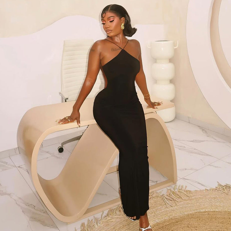 Women's Solid Chic Low Waist Halter Neck Sleeveless Long Dress