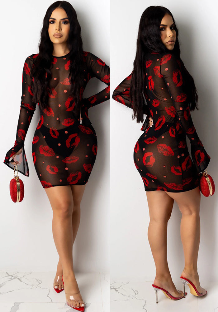 Women's Red Lip Print See-Through Mesh Club Dress