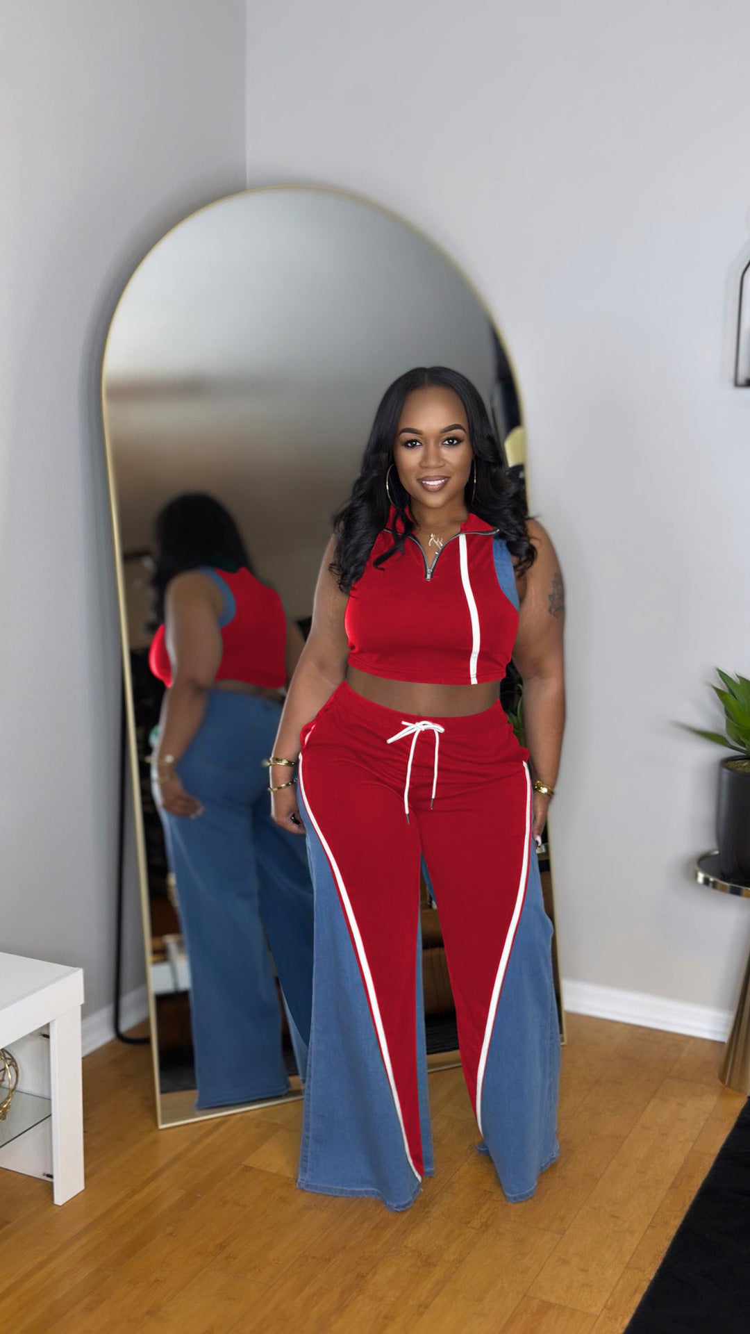 Women's denim patchwork sleeveless V-neck top wide-leg trousers two-piece set 3