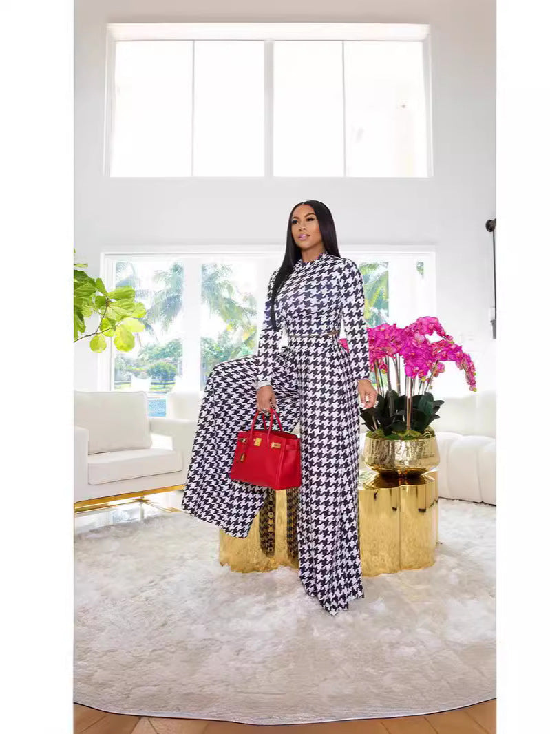 Women's Plaid Print Round Neck Long Sleeve Women's Casual Two Piece Pants Set 3