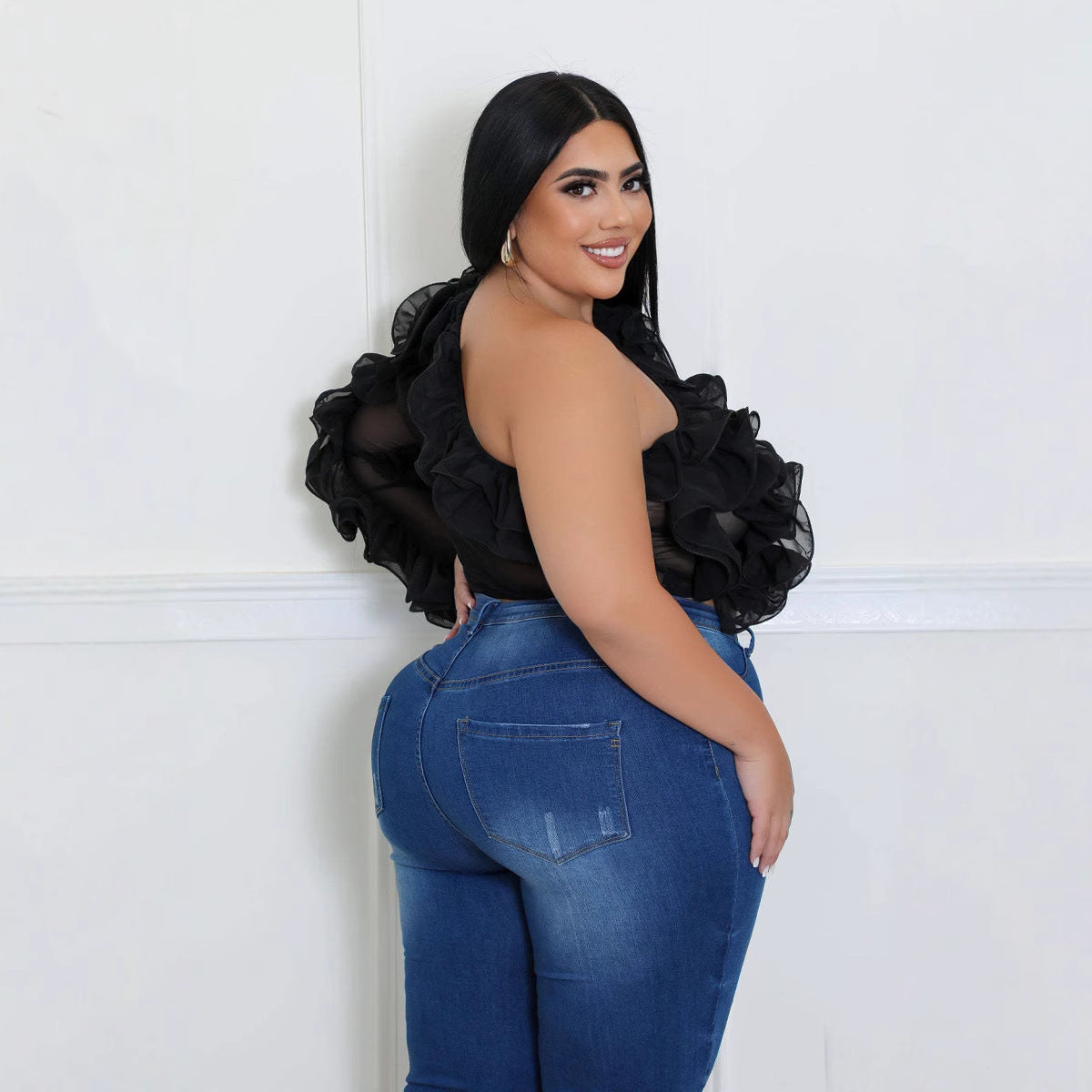 Plus Size Women's Slash Shoulder Long-Sleeved Sexy Solid Color See-Through Mesh Top 6