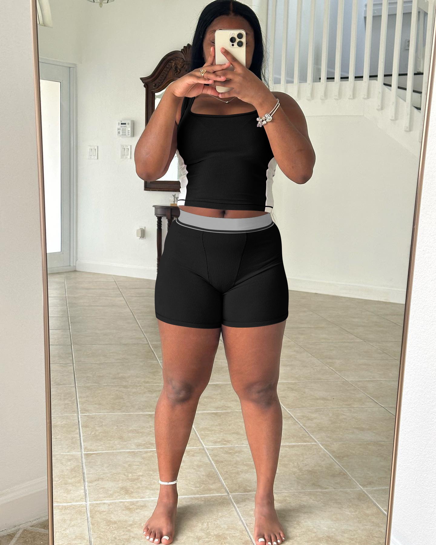 Women Casual Ribbed Patchwork Top and Shorts Two-piece Set