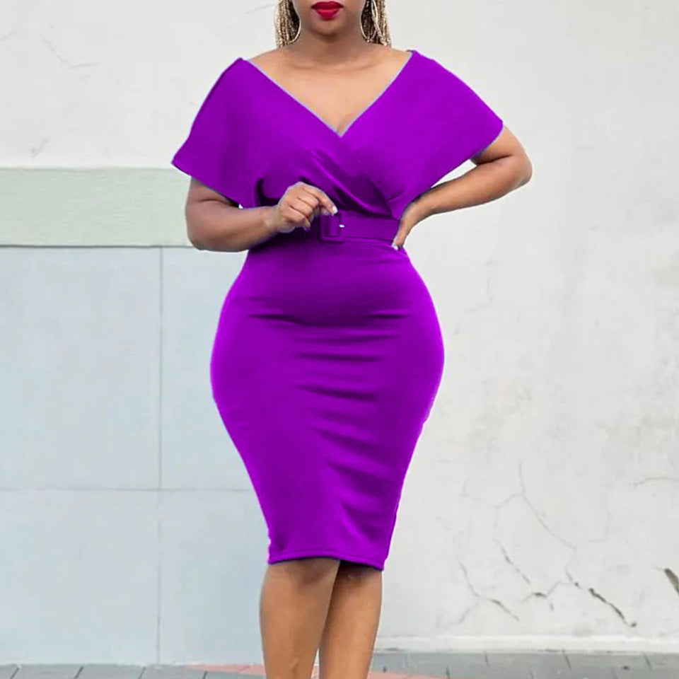 Plus Size Women V Neck Bodycon Stretch Africa Dress with Belt 10