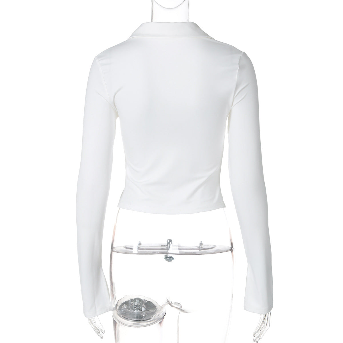 Women Fall Zipper Turndown Collar Long Sleeve Crop T-shirt 8