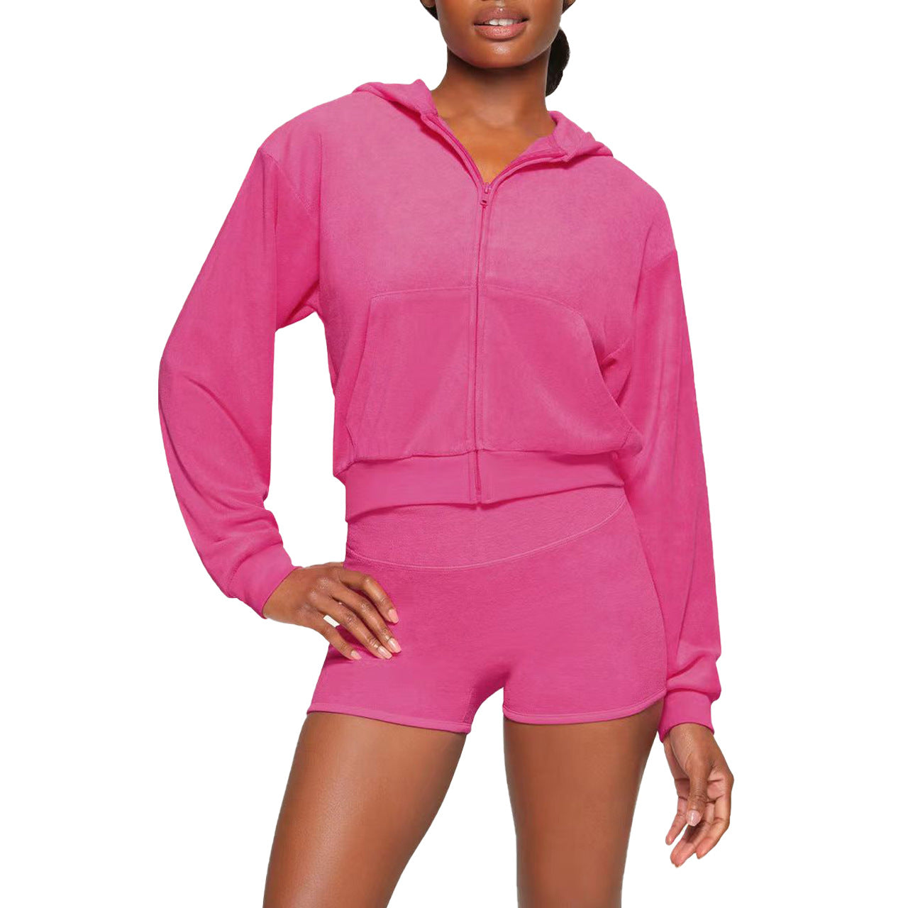 Women's Fashion Casual Solid Velvet Hooded Two-Piece Shorts Set 8