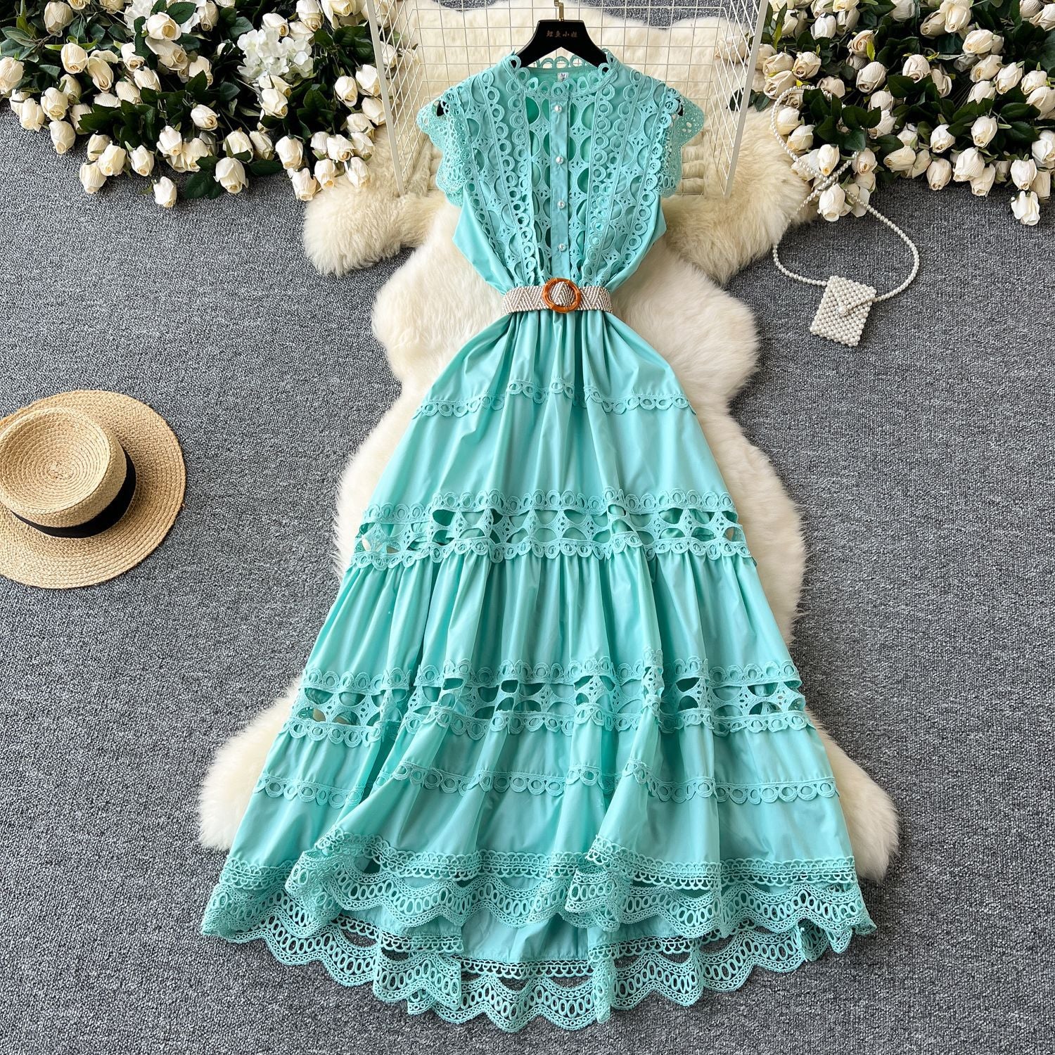 Women Vintage French Elegant Cutout Lace Patchwork Sleeveless Dress 5