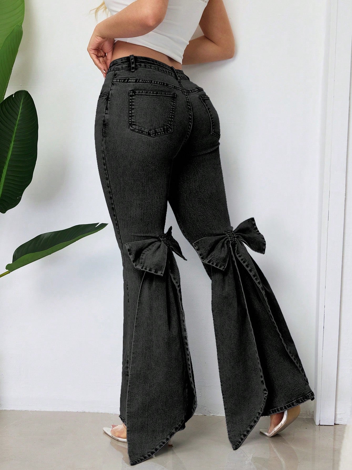 Bow Tie Stretch Mid-Waist Denim Bell Bottom Pants 9
