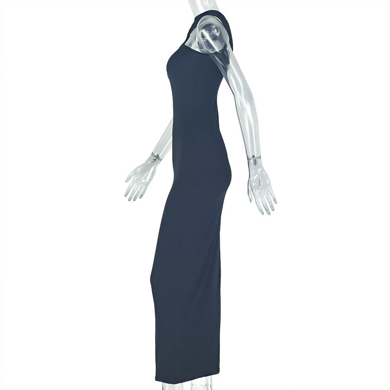 Women Elegant Solid Metal Pleated Bodycon Halter Asymmetric Neck Maxi Dress 8