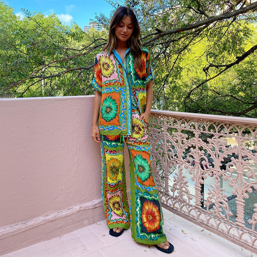 Summer Women Loose Printed Shirt Trousers Two-piece Set 9