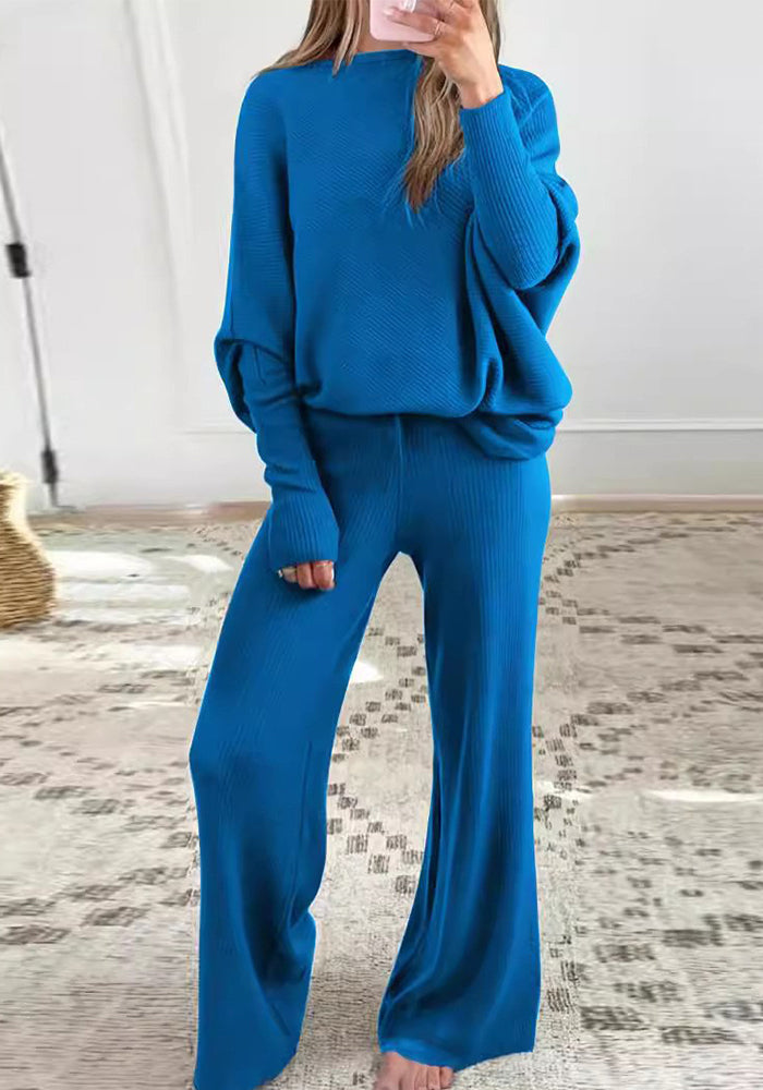 Women's Autumn Winter Solid Color Slash Shoulder Sweater Top Fashion Casual Pants Two Piece Set