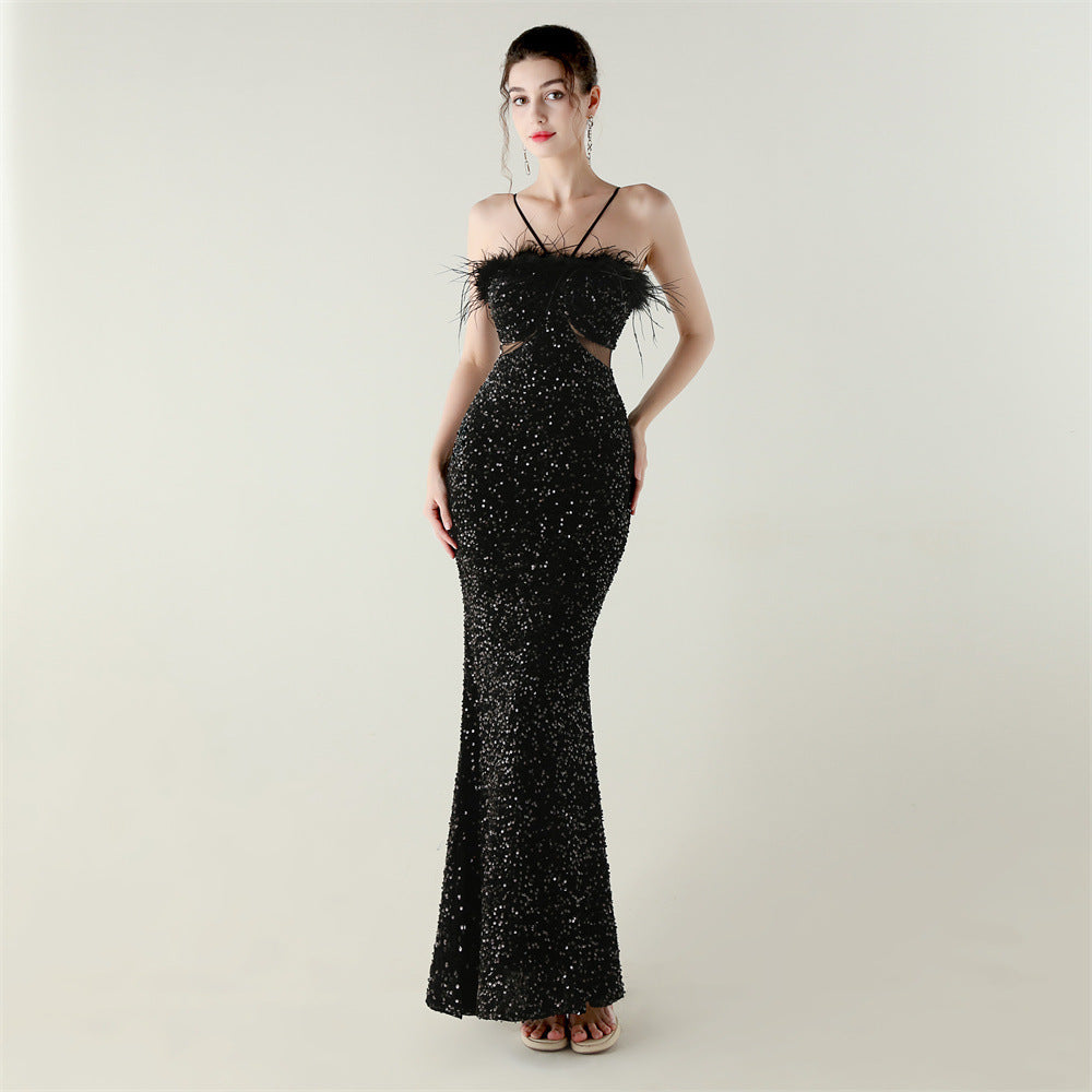 Velvet Sequin Feather Fishtail A-Line Evening Gown 14