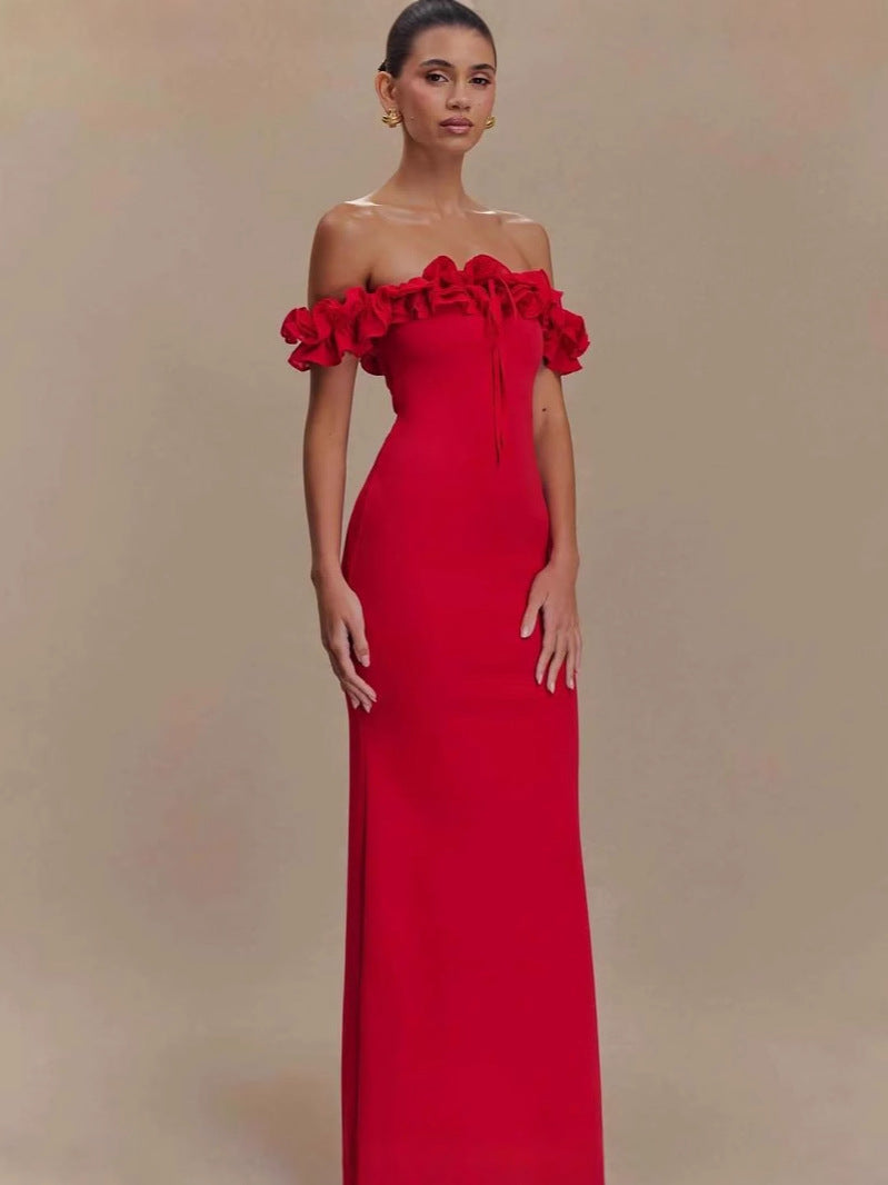 Women Spring and Summer Ruffle Off Shoulder Bodycon Dress 5