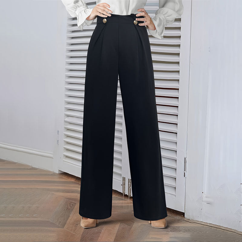 Women Elegant Solid Button Knitting Stretchy Wide Leg Pants