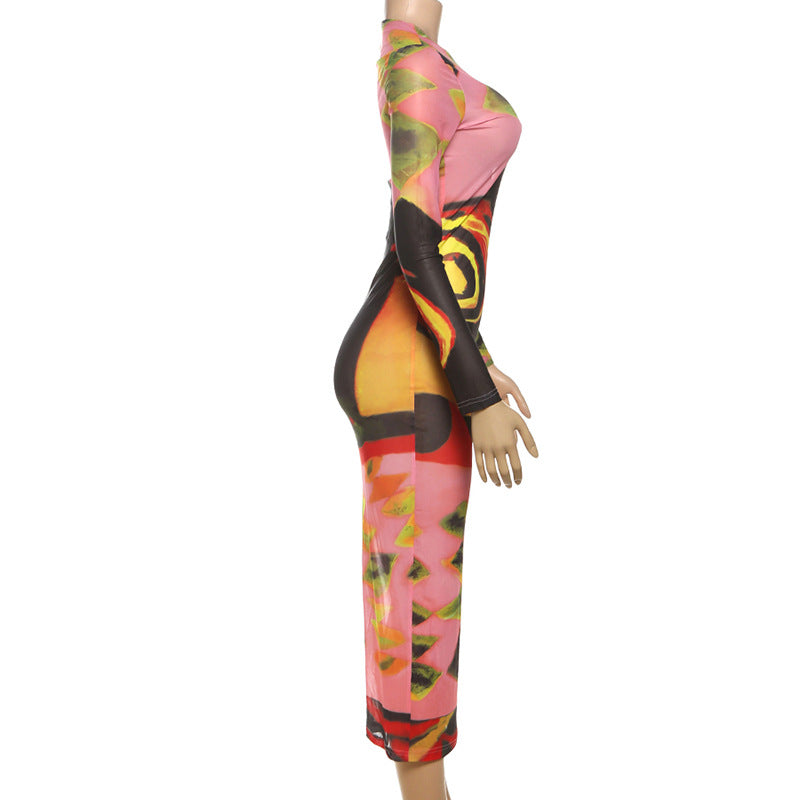 Women Summer Painted Print Long Sleeve See-Through Sexy Bodycon Dress 6