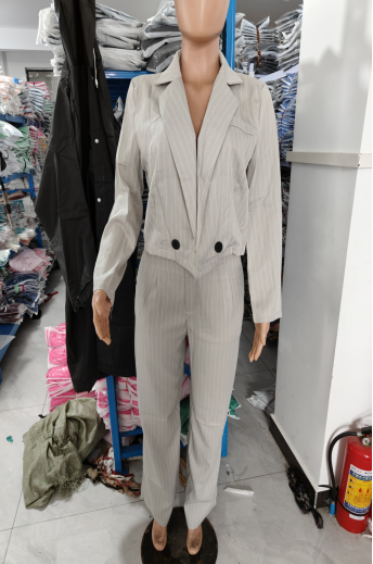 Women Casual Striped Turndown Collar Crop Blazer Straight Leg Pants Two-Piece Set 6