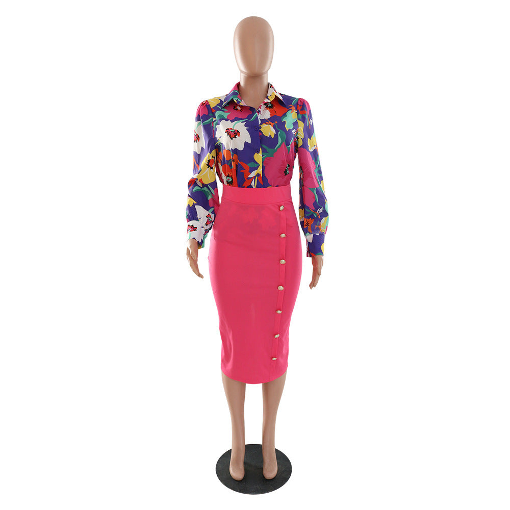 Fashion printed long-sleeved shirt and sexy bodycon skirt two-piece suit 12