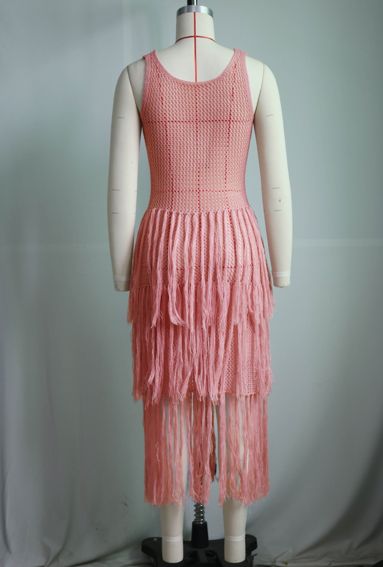 Women Casual Round Neck Sleeveless knitting Mesh Tassel See-Through Dress 11