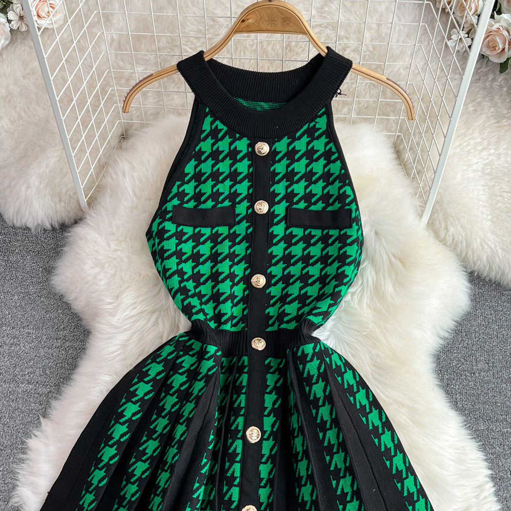 Summer Halter Neck Sleeveless Slim Waist A-Line Knitting Dress 17