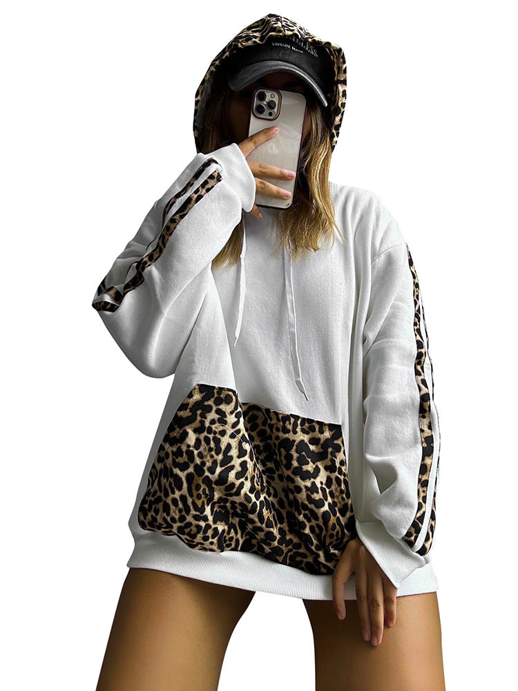Women Leopard Patchwork Drawstring Pocket Loose Casual Hoodies 7
