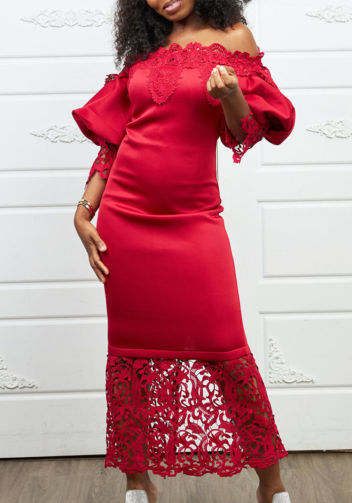 Women's Clothing Off Shoulder Lace Patchwork Puff Sleeve Formal Party Evening Dress