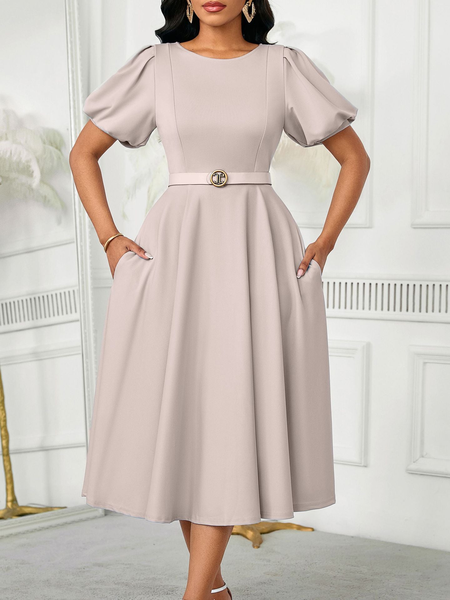 Women's Summer Trendy Puff-Sleeve Elegant High-Waist Solid Round Neck A-line African Dress 10