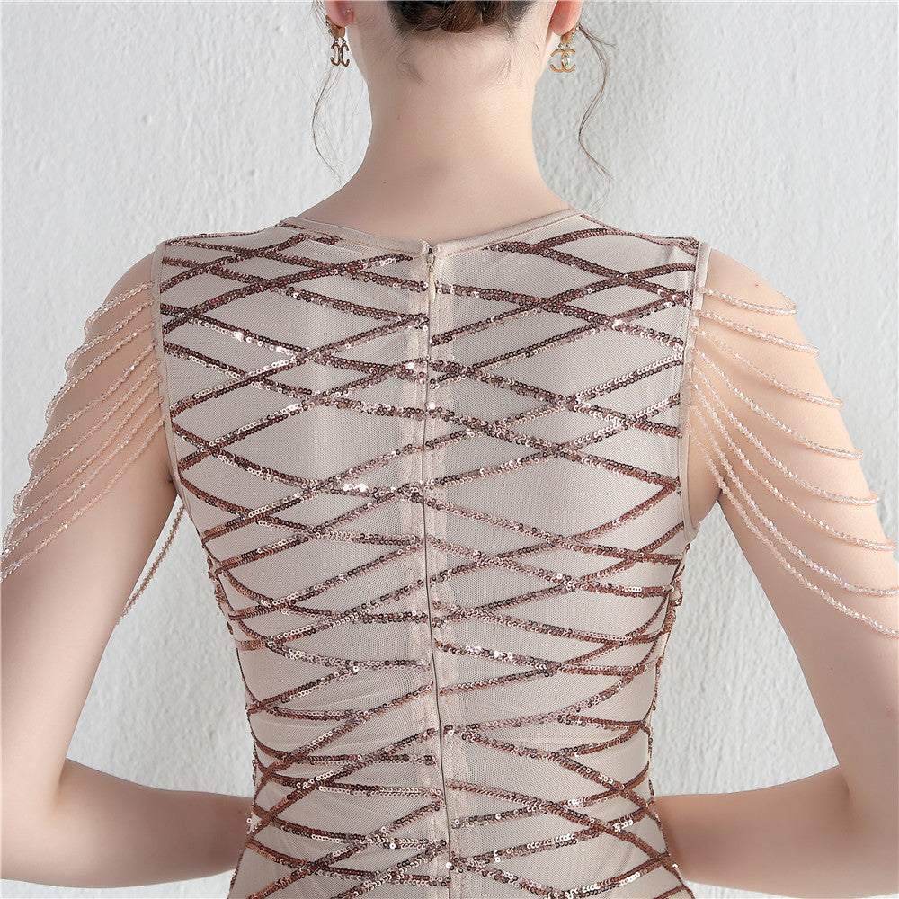 Decorative Crystal Diamond Chain Sequin Embroidery Stripe Positioning Flower Dinner Ceremony Long Evening Dress 22