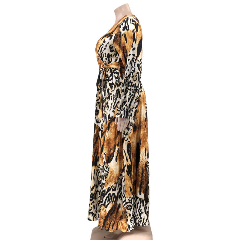Summer Leopard Print Belted Wrap Neck Loose Plus Size Women's Dress 22
