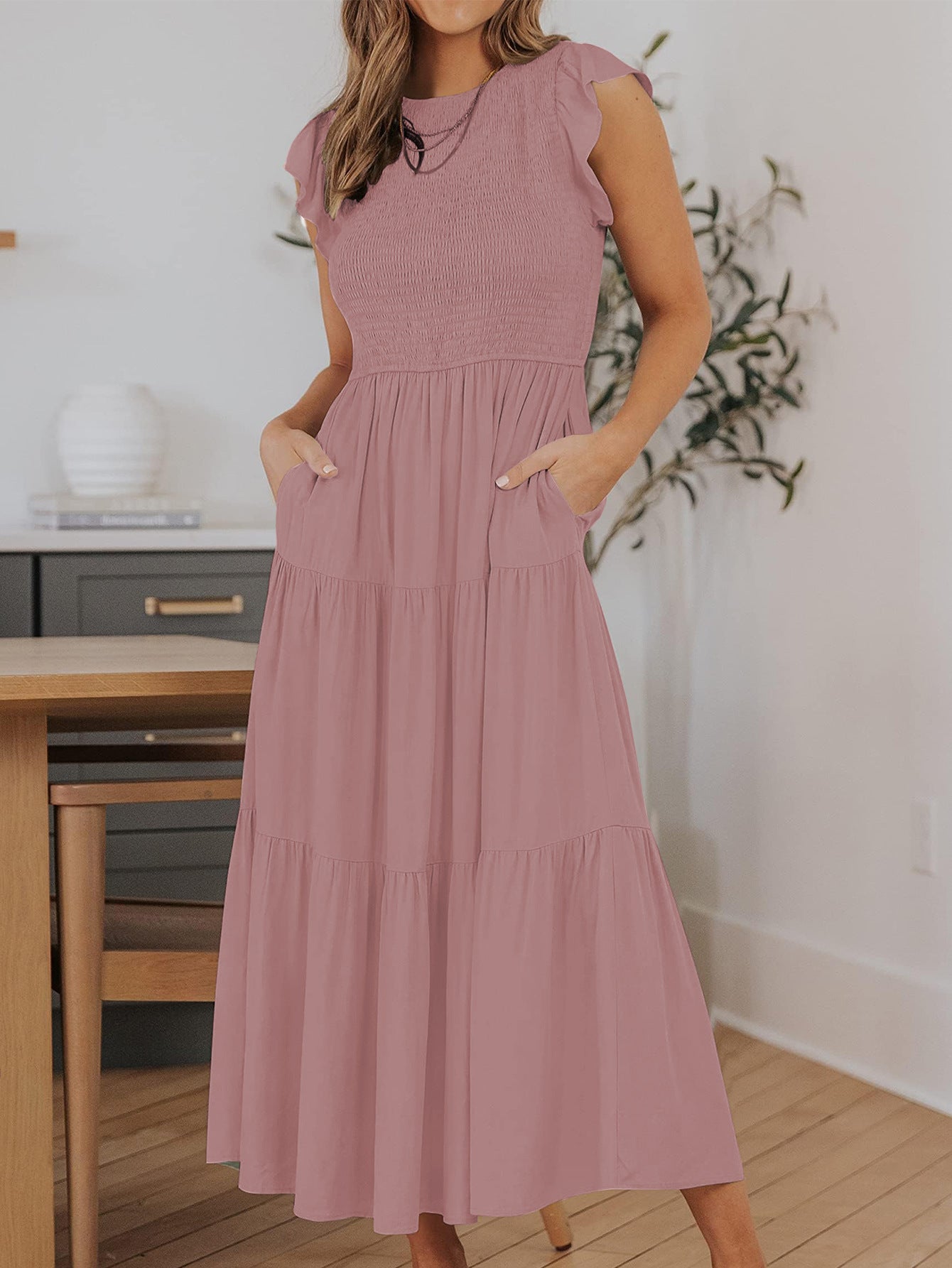 Solid Color Pleated Waist Casual Midi Dress 3