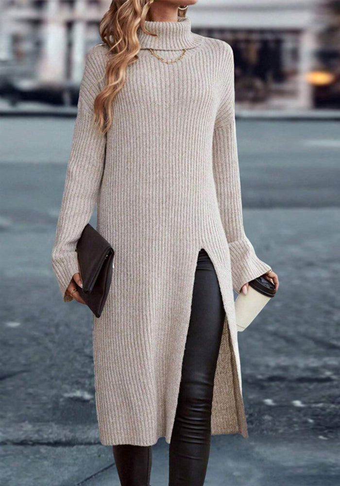 Fashionable Autumn And Winter Loose High-Neck Long-Sleeved Split Sweater Dress