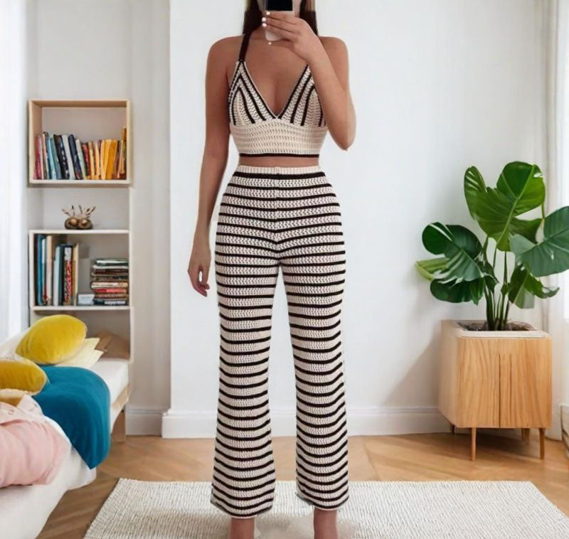 Women summer casual sexy top and trousers two-piece set 3