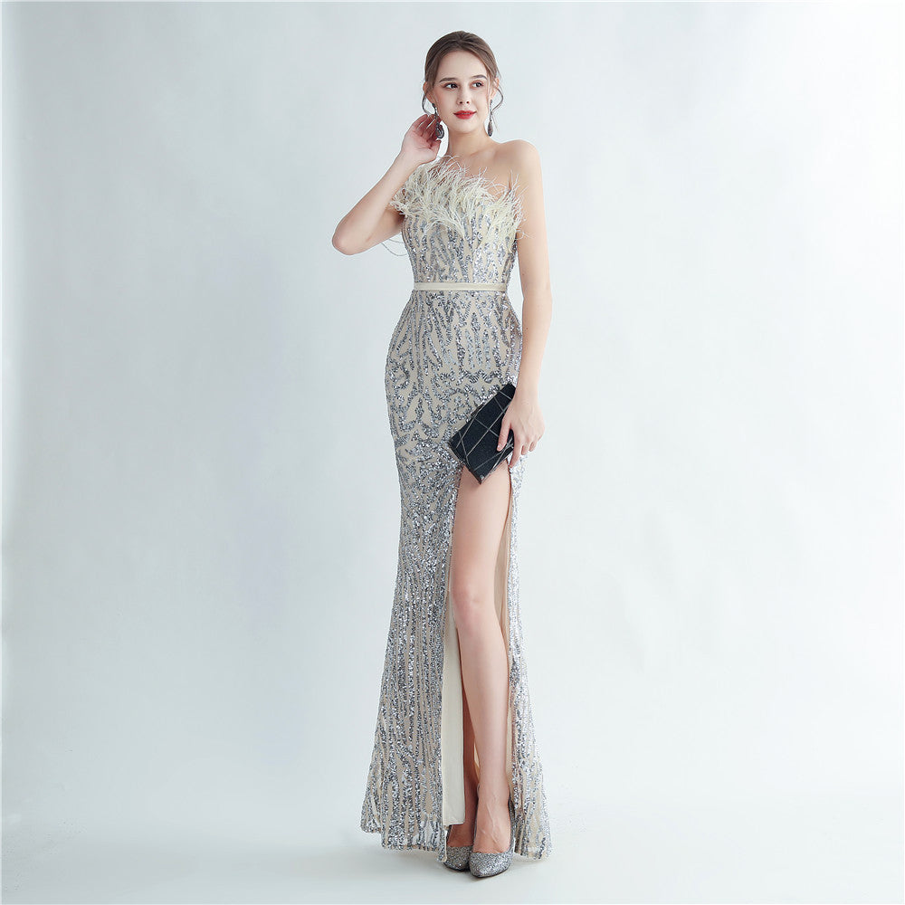 Women Ostrich Beaded Feather Slash Shoulder Side Slit Evening Dress 12